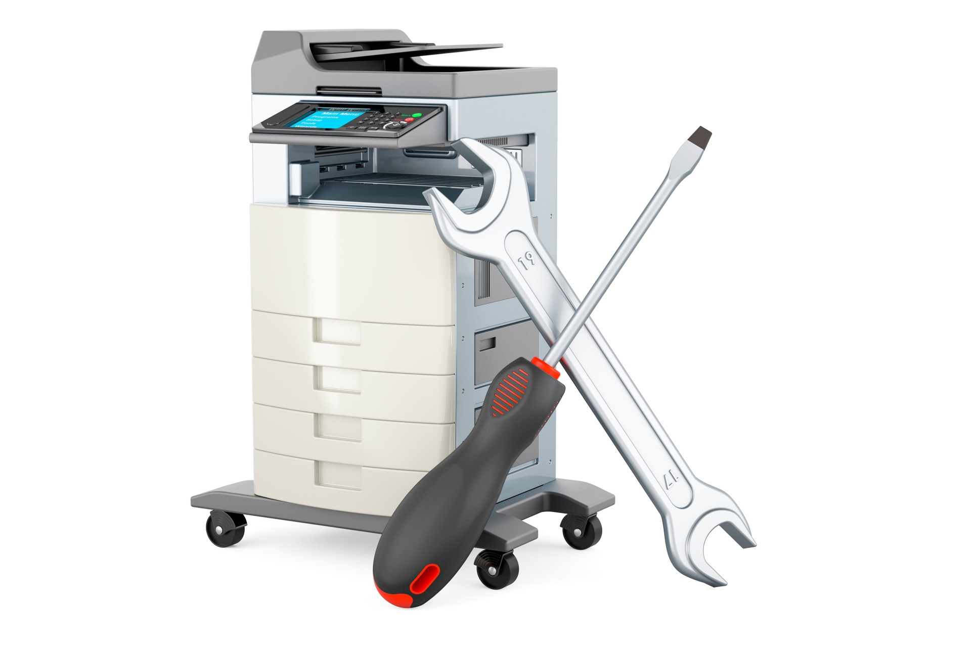 Stampante multifunzione da ufficio MFP con cacciavite e chiave inglese. Rendering 3D
